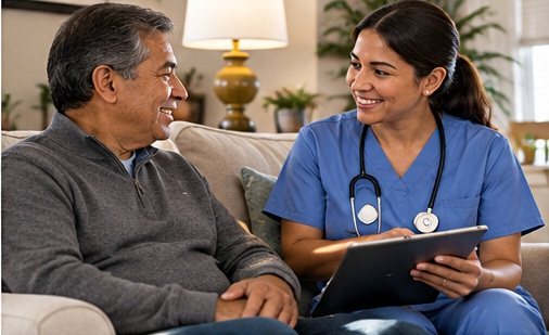 A nurse reviews information on a tablet with a patient at home