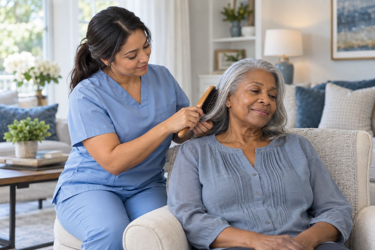 A home health aide gently brushes a woman’s hair in her living room