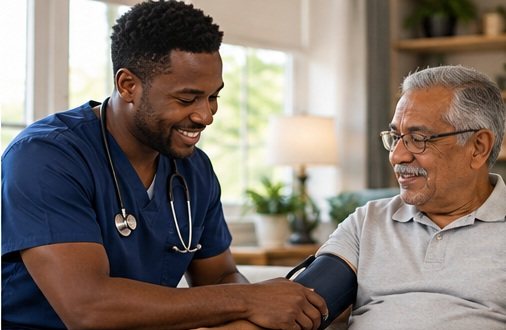 A nurse checks a man’s blood pressure at home