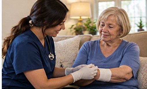 A nurse cares for a bandaged wound on a woman’s arm